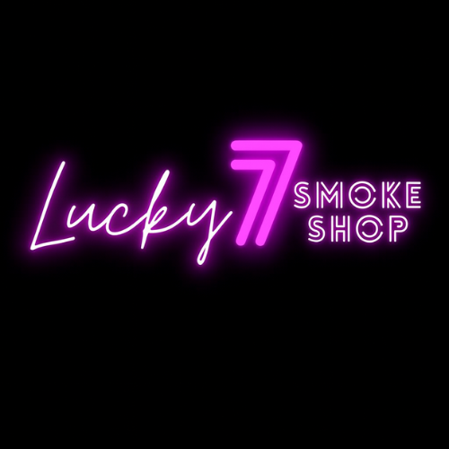 Neon pink Lucky 7 Smoke Shop logo on black background
