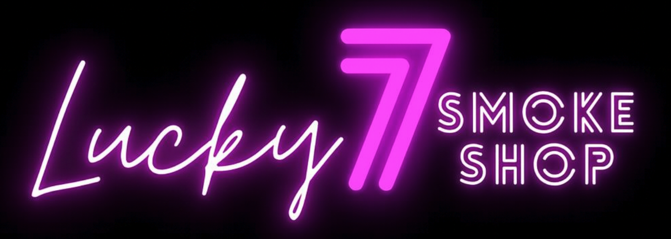 Neon sign for Lucky 7 Smoke Shop in pink and white